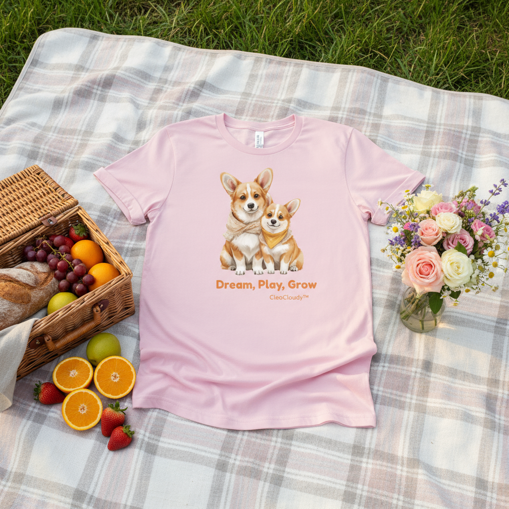 t-shirt with corgi Cleo and Cloudy