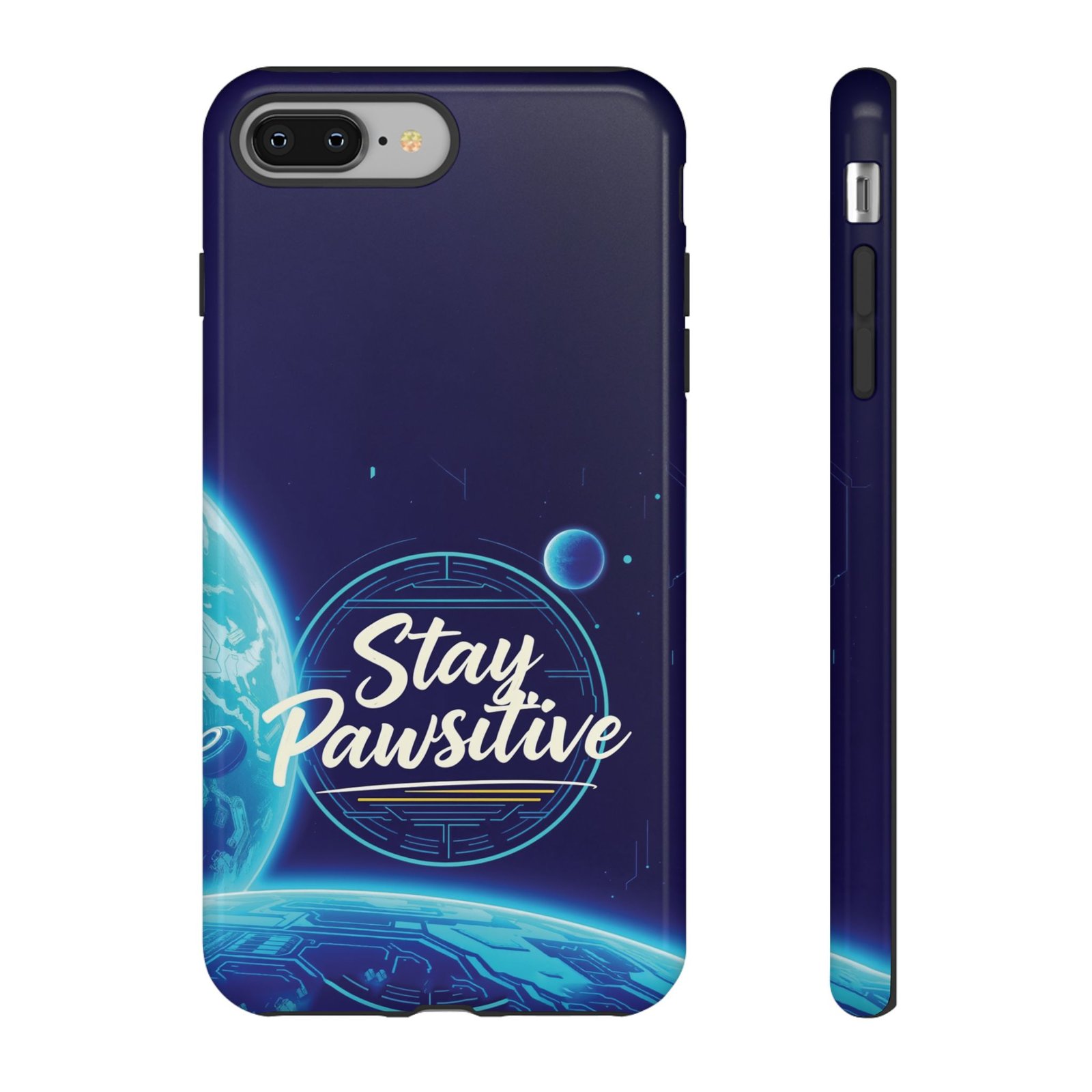 Stay Pawsitive Planet Phone Case | Cyber Paws Collection by CleoCloudy™ | Glossy Tough iPhone, Samsung & Pixel Cover - Image 2