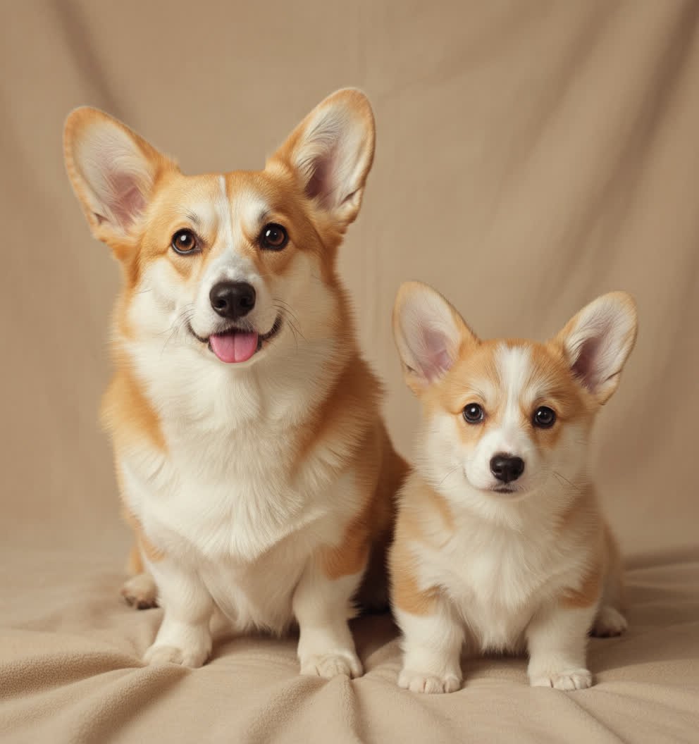 portrait of two orange-and-white corgis — Cleo (adult mother corgi) and Cloudy (puppy), sitting together in a cozy photo studio