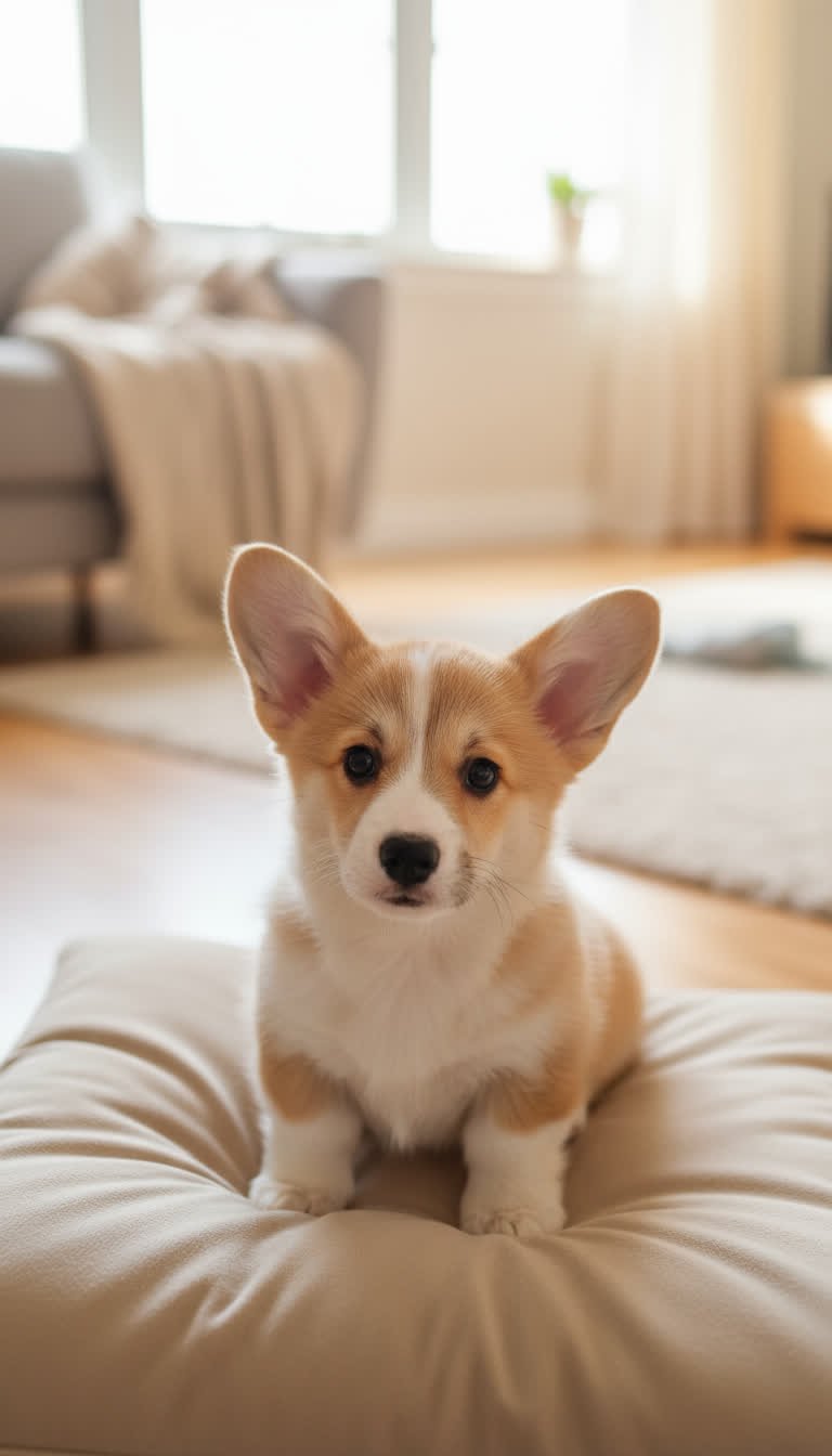 orange-and-white corgi puppy named Cloudy, sitting on a soft beige pillow in a cozy living room.