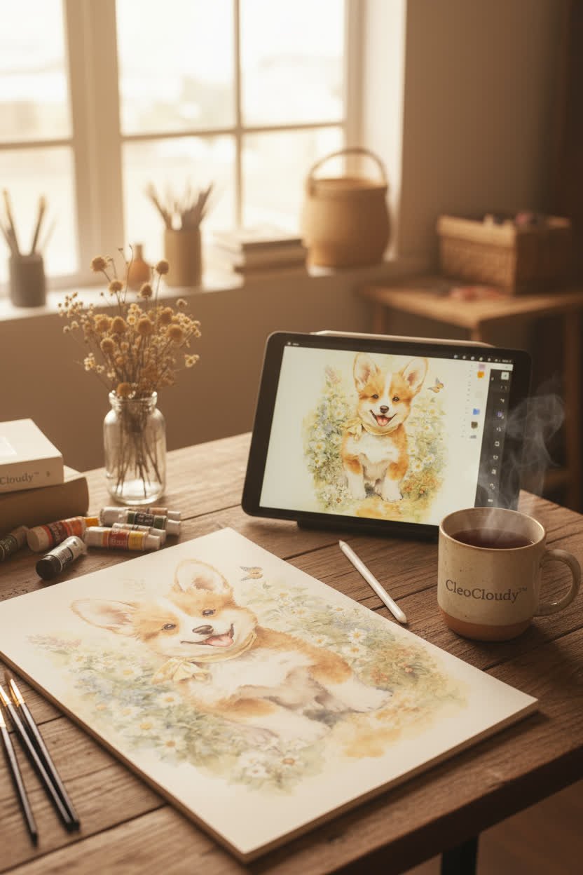 A cozy artist workspace in soft natural light, featuring watercolor brushes, paint tubes, an open sketchbook with a corgi watercolor illustration of Cloudy, a digital tablet showing the same artwork being refined, and a cup of tea nearby.